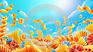 Cartoon banner of macaroni with different types of pasta like rigati, conchiglie, fusilli, farfalle, and penne. Italian
