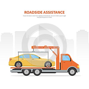 Cartoon banner roadside assistance. City skyline and tow truck with loaded car on the white background.