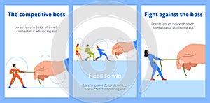 Cartoon Banners with Business Characters Compete Against Huge Boss In Game Of Tug-of-war or Rope-pulling Match