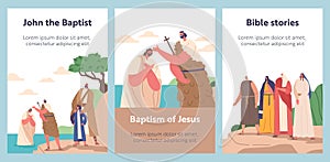 Cartoon Banners with John The Baptist Baptizing Jesus Christ In Jordan River. Scene or Story Represent Christian Act