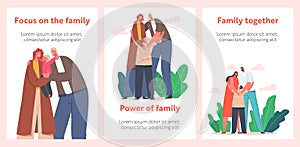 Cartoon Banners with Loving Parents Hug Baby. Mother and Father Characters Holding Child on Hands Hugging with Arms