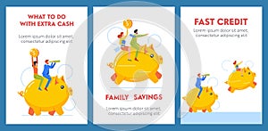 Cartoon Banners with Male and Female Characters Ride Piggy Bank with Coins and Spyglass. Savings Management