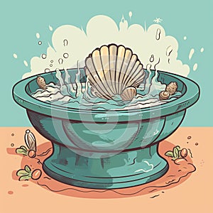 Cartoon baptismal font and shell with symbolic significance in Christian baptism