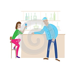 Cartoon bar scene. Young woman drinks cocktail in high chair, nearby stands a young guy leaning on bar counter