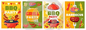 Cartoon barbecue elements posters. BBQ weekend cards, family summer picnic, outdoor cookout event, grilled meat and