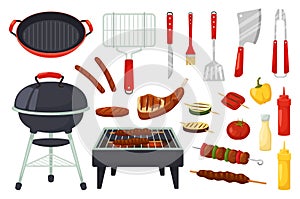 Cartoon barbecue food and utensils, bbq party elements. Outdoor grills, barbecued meat and vegetables, grill picnic equipment