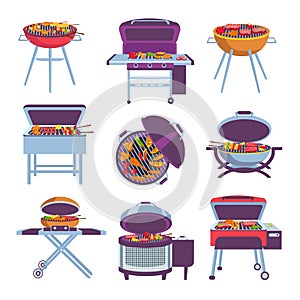 Cartoon barbeque grills. Bbq oven with fry food meat, vegetables, sausage and chicken. Outdoor mobile charcoal brazier designs