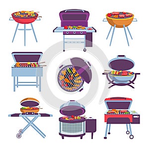 Cartoon barbeque grills. Bbq oven with fry food meat, vegetables, sausage and chicken. Outdoor mobile charcoal brazier