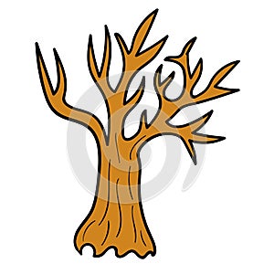 Cartoon bare tree silhouette isolated on white background.