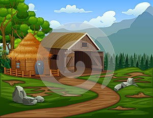 Cartoon barn house with a cabin in the farmland