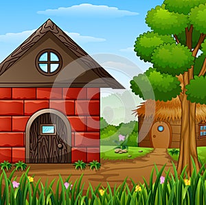 Cartoon barnhouse with a cabin in the farmland