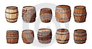 Cartoon barrels sketch set. Barrel for beer or wine, isolated on white background. Winery or brewery equipment, vintage