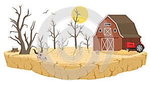 Cartoon barren lands, natural disaster. Drought land, dry farmlands soil with dead trees, barrenness and soil poverty flat vector photo