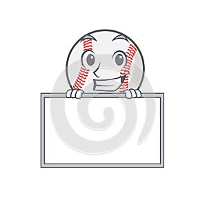 Cartoon baseball with in a character grinning with board