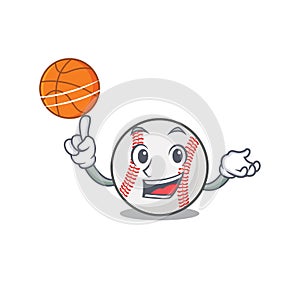 Cartoon baseball with in a character holding basketball