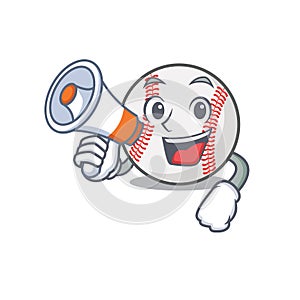 Cartoon baseball with in a character with holding megaphone