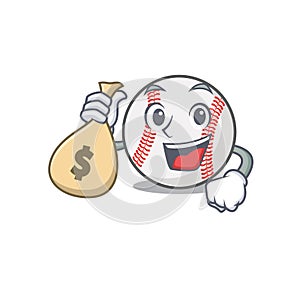 Cartoon baseball with in a character holding money bag