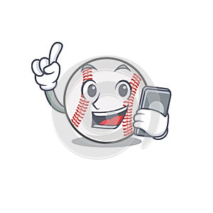 Cartoon baseball with in a character with holding phone