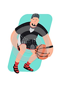 Cartoon basketball player with dribbling motion and exaggeration