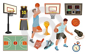 Cartoon basketball. Player jersey, basketball hoop and ball, dribbling and shooting, fan foam finger, sports trophy and