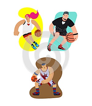 Cartoon basketball players set with dribbling motion and exaggeration