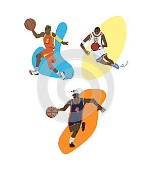 Cartoon basketball players set dribbling and possesion set