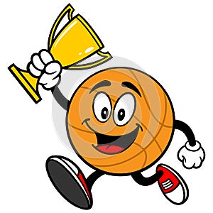 Cartoon Basketball Running with Trophy