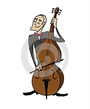 Cartoon bassist. Musician playing a classical double bass. photo