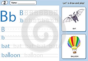 Cartoon bat and balloon. Alphabet tracing worksheet