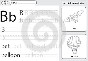 Cartoon bat and balloon. Alphabet tracing worksheet: writing A-Z and educational game for kids