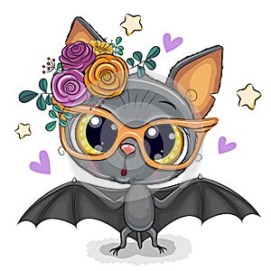 Cartoon Bat with flowers Isolated on a White Background