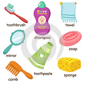 Cartoon bathroom accessories vocabulary vector icons. Mirror, towel, sponge, toothbrush and soap