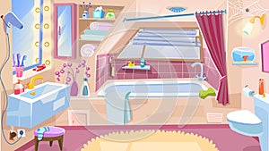 Cartoon Bathroom. Bathroom Interior with bathtub, faucet toilet sink, mirror. Vector illustration.