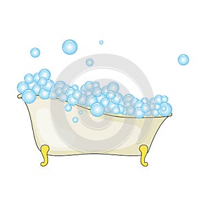 Cartoon bathtub with foam and bubble isolated on white background