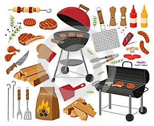 Cartoon bbq grill, roasted meat and vegetables. Barbecue party elements, grilled steak, sausages and bbq cooking tools flat vector