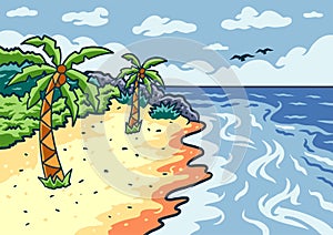 Cartoon Beach background, hand drawn line style with digital color