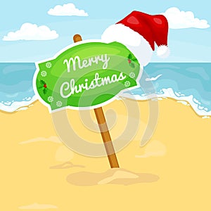 Cartoon beach landscape with sign merry christmas