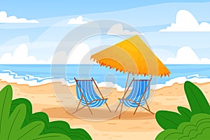 Cartoon beach landscape. Summer background with ocean shore, beach umbrella and deck chairs. Vector illustration