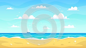 Cartoon beach landscape. Summer ocean sandy seashore, vacation tropical view, sea nature paradise landscape vector