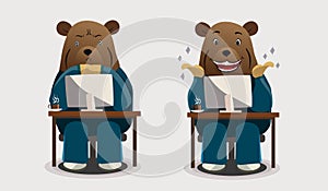 Cartoon bear businessman Showing emotions of thinking and happy emotions that were achieved