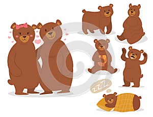 Cartoon bear character teddy pose vector set wild grizzly cute illustration