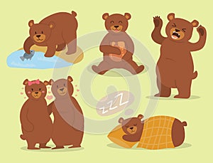 Cartoon bear character teddy pose vector set wild grizzly cute illustration adorable animal design.