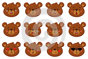 Cartoon bear emoji. Funny animal emotions, brown grizzly faces, different moods, heads expressions, wilde forest mammal