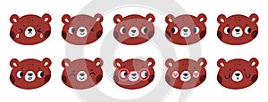 Cartoon bear emoji stickers. Funny animals character. Brown teddy head. Different emotions. Forest inhabitant. Wild