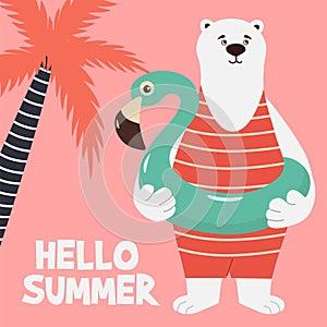 Cartoon bear in a flat style with a flamingo pool float. Funny children vector illustration. Can be used as an element for cards,