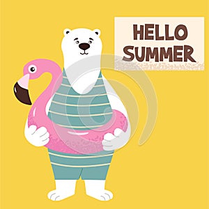 Cartoon bear in a flat style with a flamingo pool float. Funny vector illustration. Can be used as an element for cards, banners,