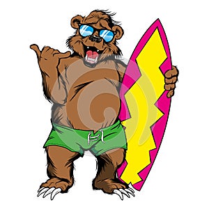 Cartoon bear gives shaka sign holding a surfboard