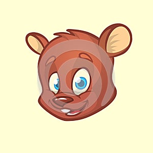 Cartoon bear head. Vector illustration of brown smiling bear. Bear icon.