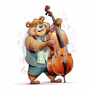 Cartoon Bear Musician. Cute teddy bear with contrabass in a stylish suit on a white background.