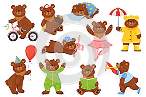 Cartoon bear with objects. Woodland animal in funny costumes, cute brown mammal character, comic grizzly, different